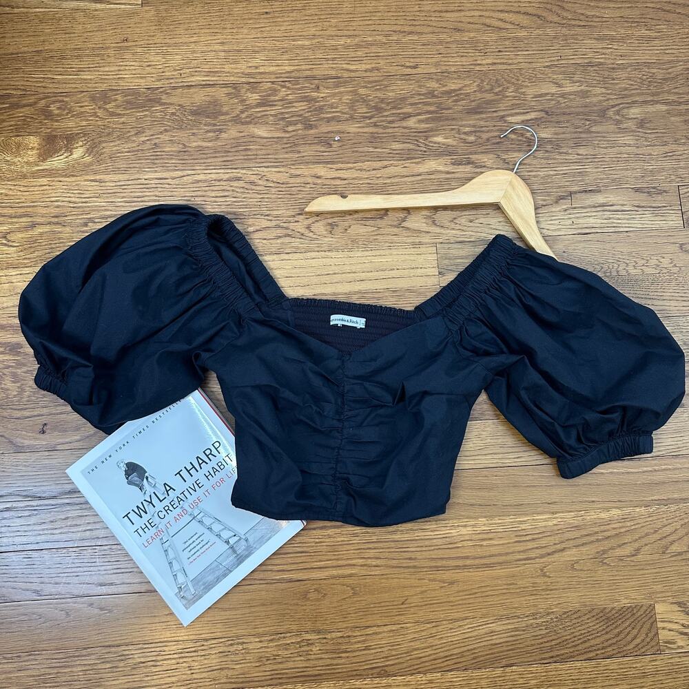 Abercrombie Black Cropped Smocked Puff Sleeve Blouse